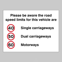 Please be Aware the Road Speed Limits for this Vehicle Are 40 - 50 - 60mph - 