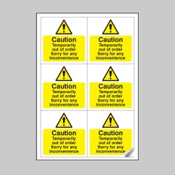Caution - Temporarily Out of Order Labels (Sheet of 6) - 
