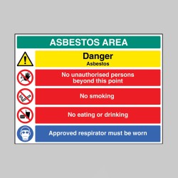 Danger - Asbestos - No Unauthorised Persons - No Smoking - Eating or Drinking - Approved Respirator - Danger - Asbestos - No Unauthorised Persons - No Smoking - Eating or Drinking - Approved Respirator -